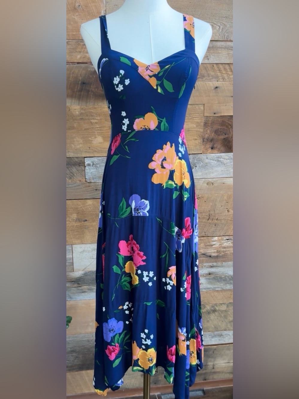 Maeve Anthropologie Vivienne Navy Blue Floral Sweetheart Midi Dress Size 0